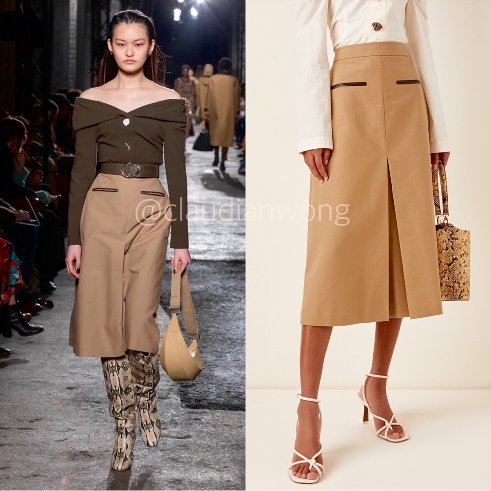 REJINA PYO Hazel Pleated A-Line Midi Skirt in Camel Brown